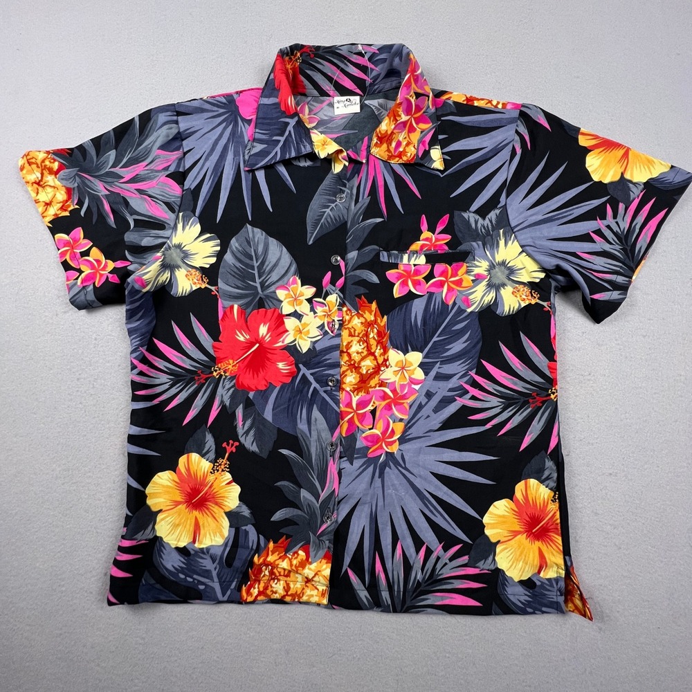 King Kameha Tropical Shirt Womens Medium Black Floral Pineapple Aloha Camp Top